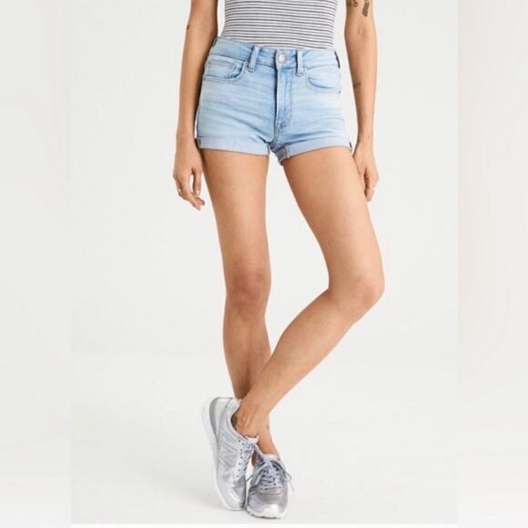 AEO Ne(x)t Level Stretch High Rise Shorty Shorts Light Wash Size 10 W30 - Picture 6 of 6